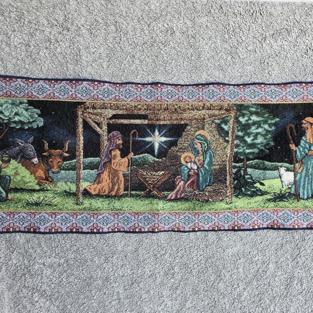 Nativity Christmas Christian  Embroidered Tapestry Table Runner 64"